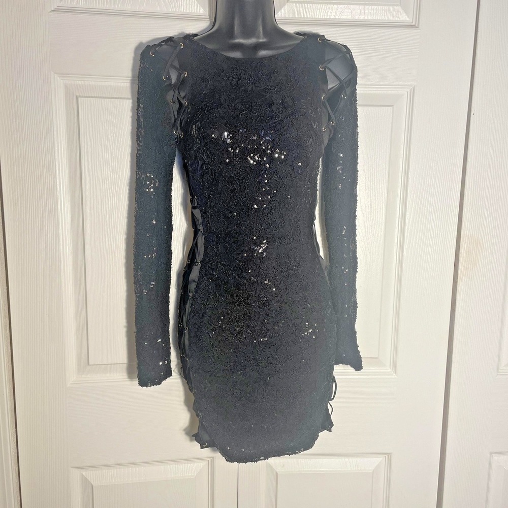 House Of CB London Lace‎ Sequin Dress Women XS Black Beaded Lace Up Sides Party